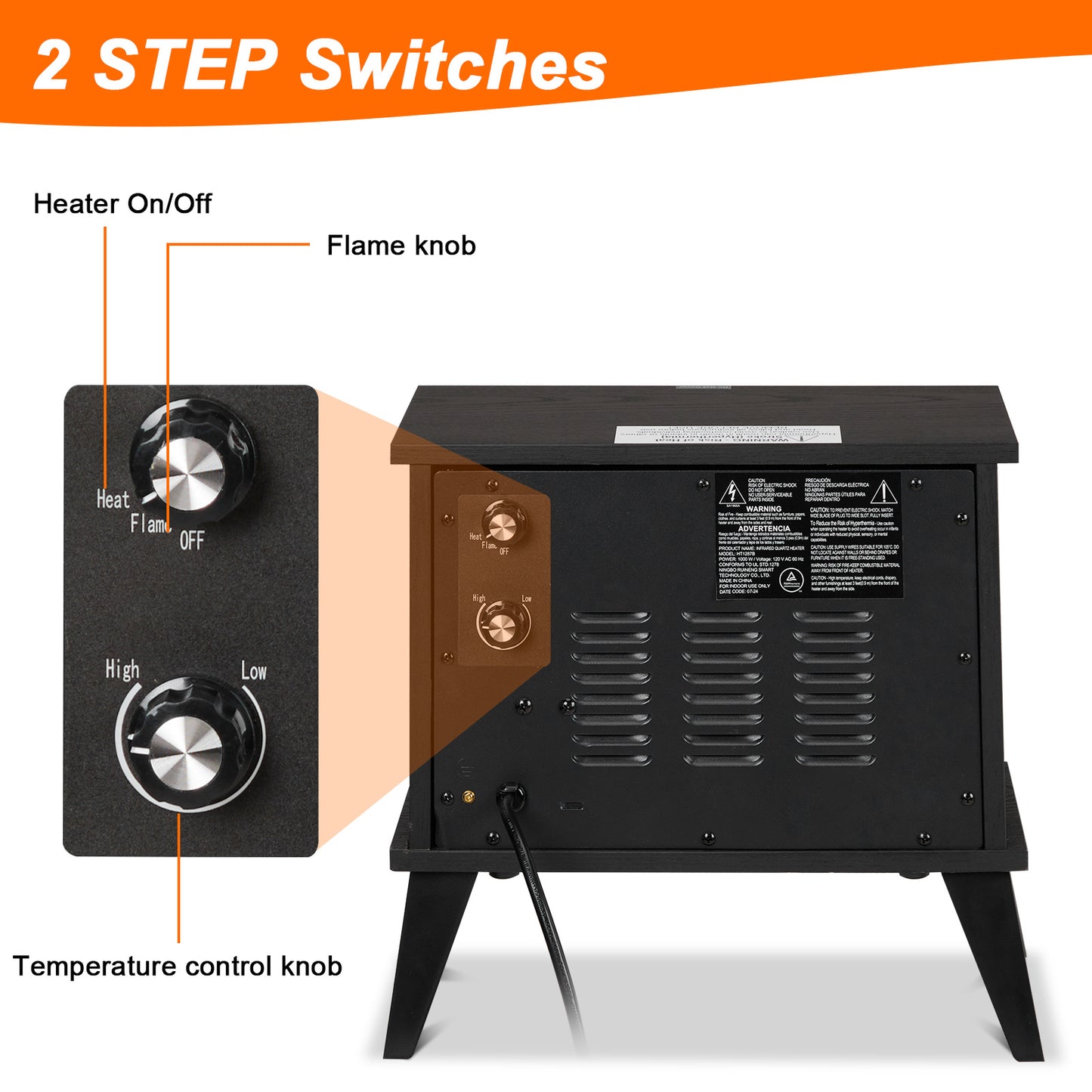 ZOKOP HT1287B 120V 1000W 15in Fireplace Black Wood Free-standing - Quartz Tube - 2nd Gear Temperature Control - With Fake Firewood - Single Color